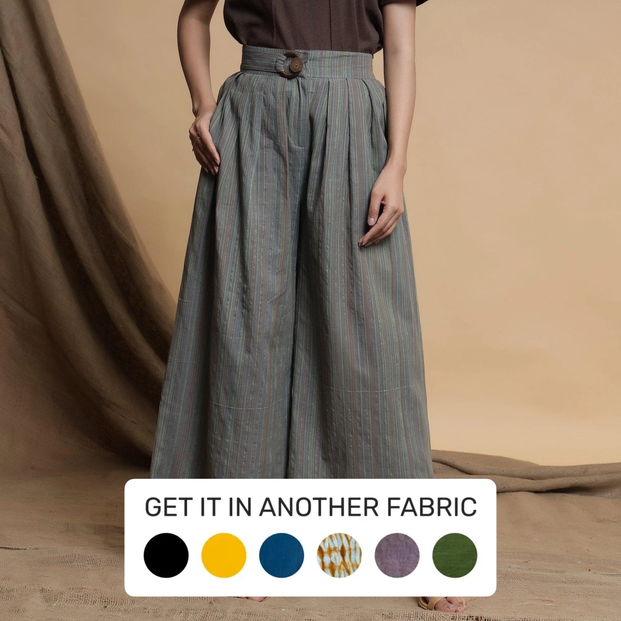 Grey Striped Cotton Elasticated Pleated Wide Legged Pant