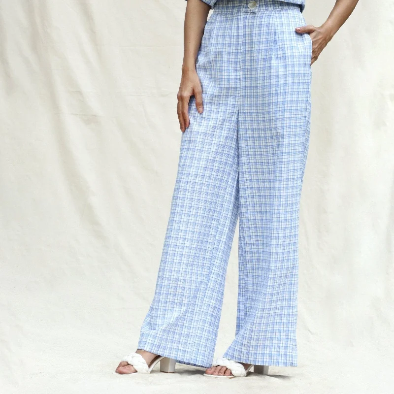 Powder Blue Checks Cotton High-Rise Wide Legged Pant