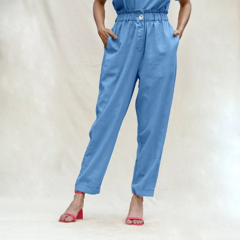 Powder Blue Handspun Cotton High-Rise Elasticated Paperbag Pant