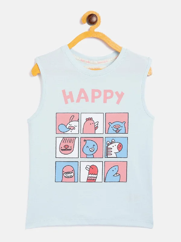 Girls Blue Happy Print Sleeveless T-Shirt