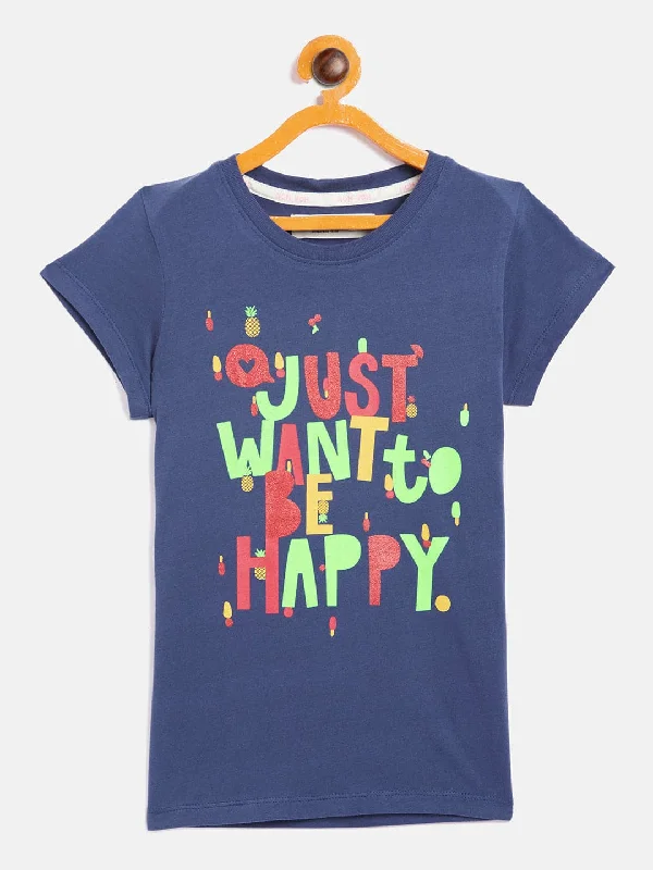 Girls Navy Just Want To Be Happy T-Shirt