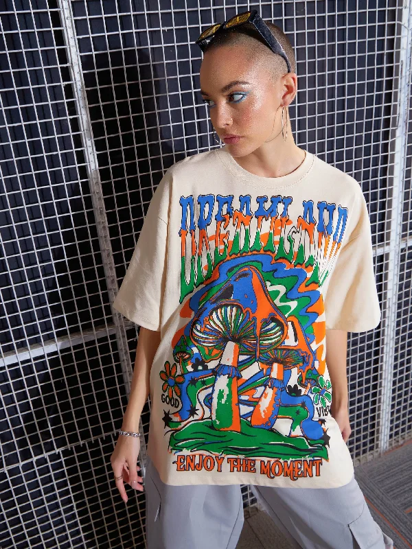 Women Beige DREAMLAND Printed Oversized T-Shirt