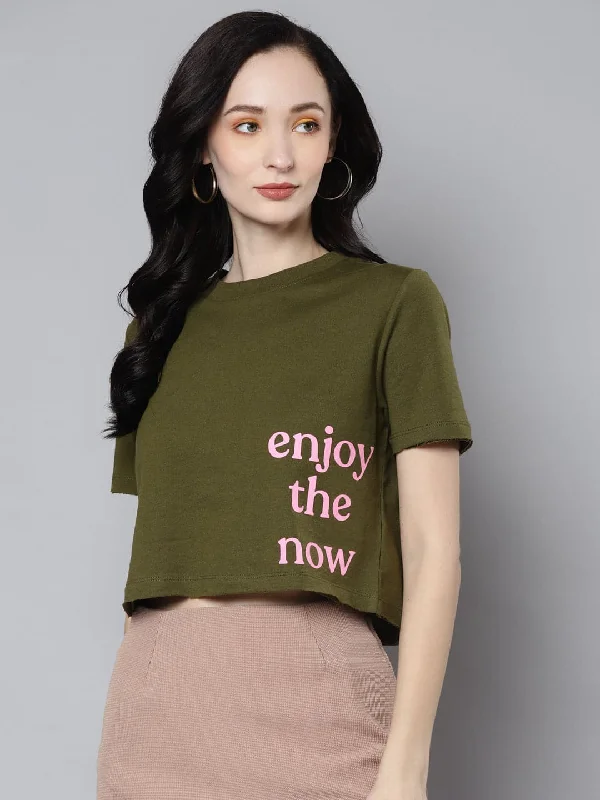 Women Olive Terry ACTIVE ENJOY THE NOW Crop T-Shirt