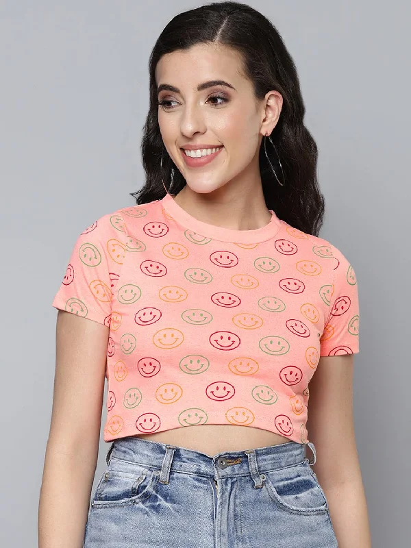 Women Pink Smiley Slim Fit Crop T-shirt