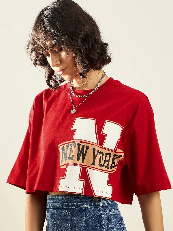 Women Red NEW YORK Printed Crop T-shirt