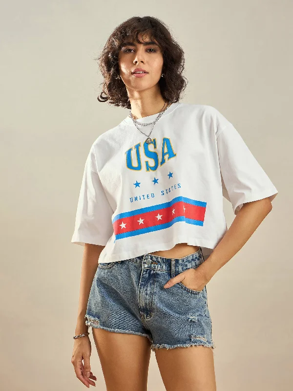 Women White USA Printed Crop T-shirt