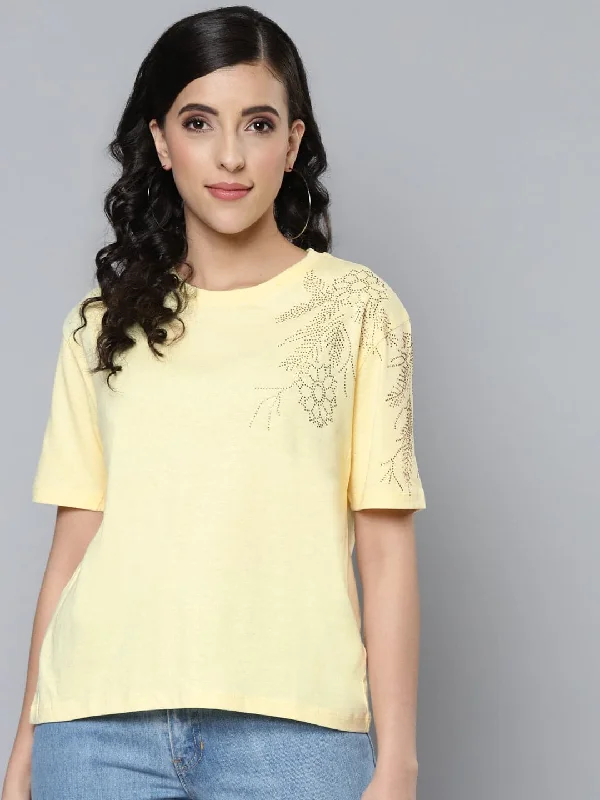 Women Yellow Shoulder Stud Work Regular T-Shirt