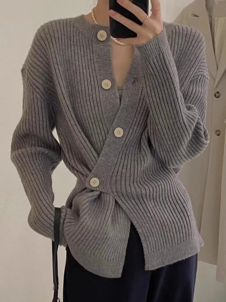 Grey Premium Thick Women's Autumn Winter Design Irregular Side Buckle Breasted Sweater