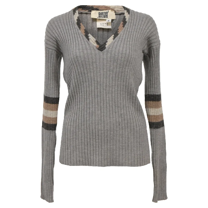 Jean Paul Gaultier Ribbed Knit V-Neck Sweater in Grey Wool