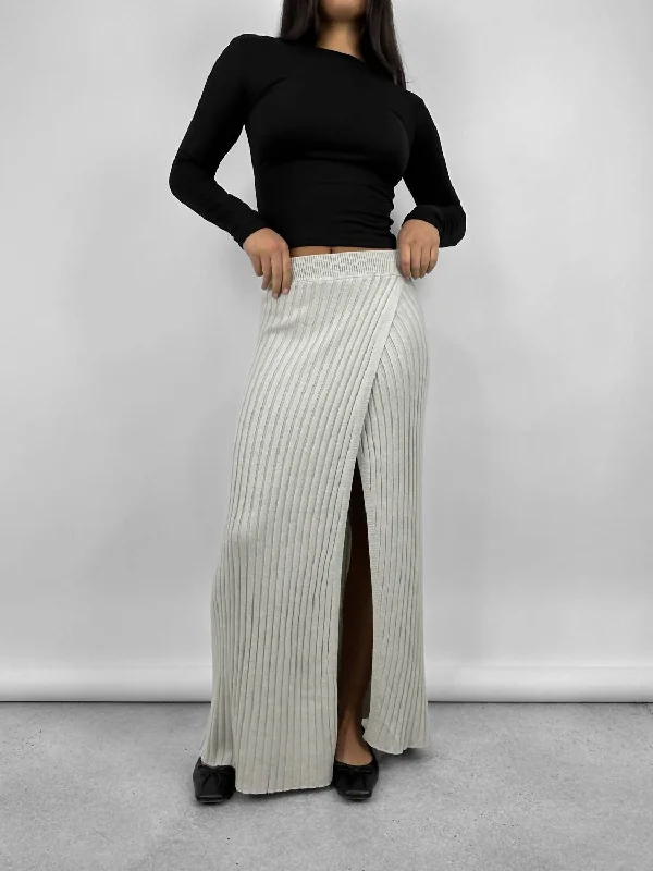 Ribbed Knit Leg Slit Midi Skirt In Grey