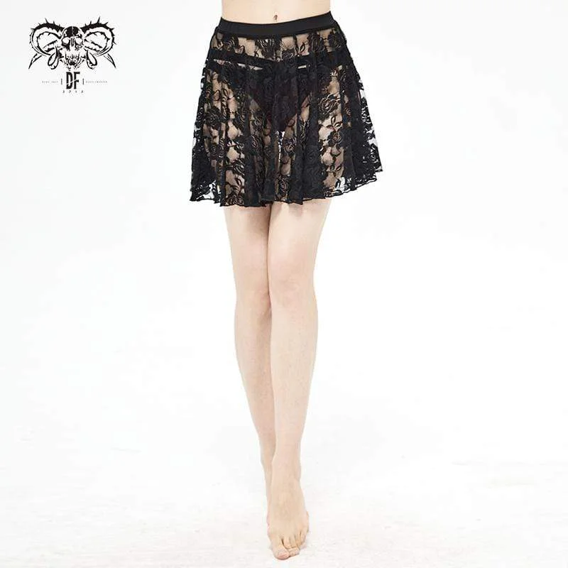 Women's Gothic Black Lace Short Flared Swimming Overskirt