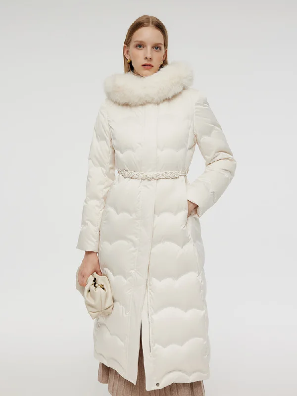 Belted Long Goose Down Coat With Detachable Faux Fur Hood