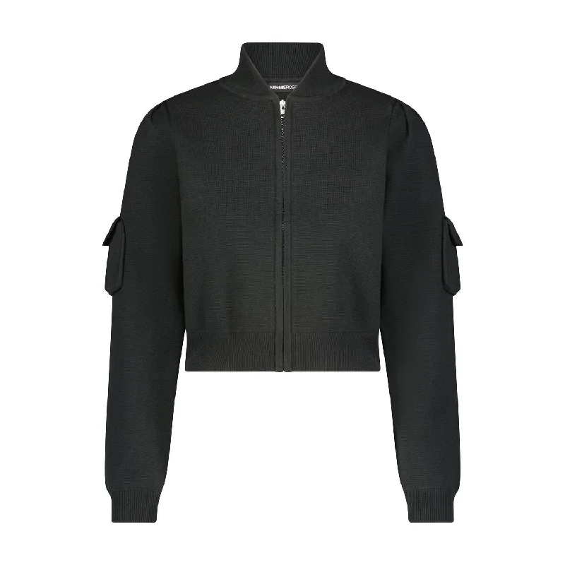 Cotton Blend Crop Bomber Jacket In Black Onyx