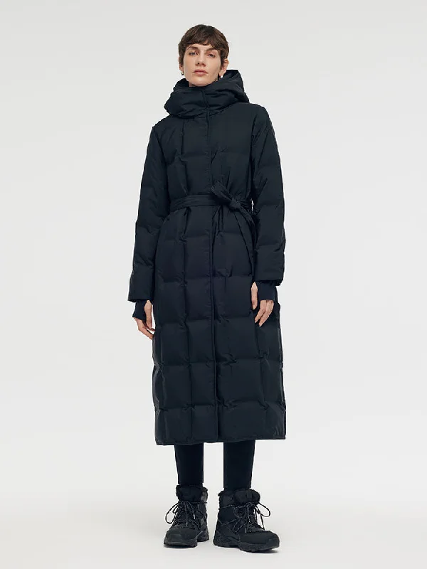 Hooded Long Goose Down Coat With Belt