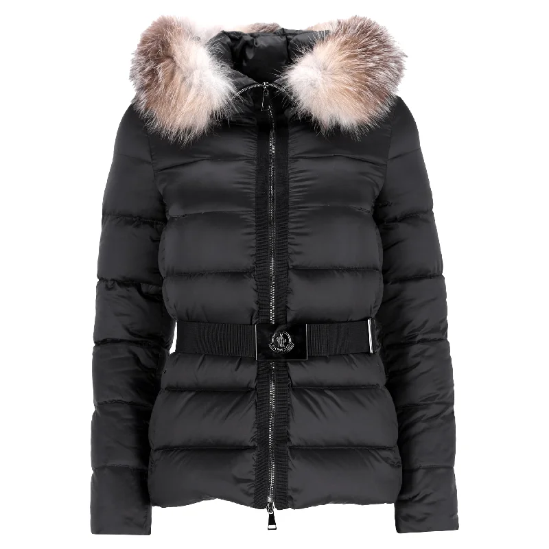 Moncler Tatie Quilted with Fur Trim Belted Down Jacket in Black