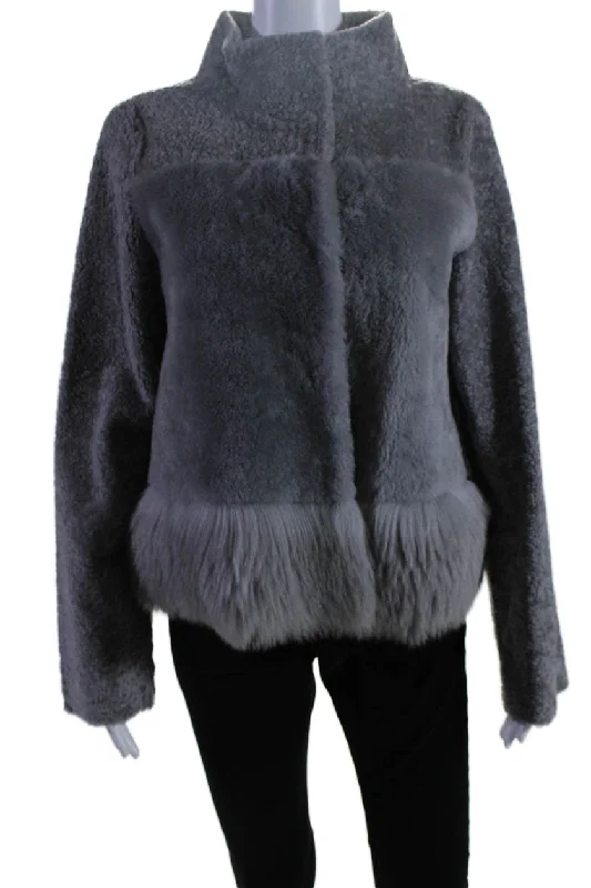 Pologeorgis Womens Lamb Fur Textured Snap Button Long Sleeve Jacket Gray