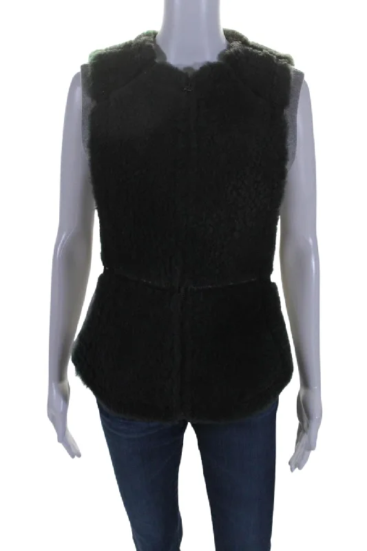 Yigal Azrouel Womens Crew Neck Shearling Trim Vest Jacket Gray Black Wool