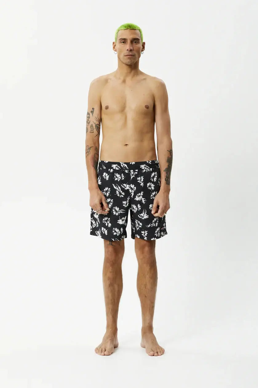 AFENDS - hibiscus recycled swim short- black