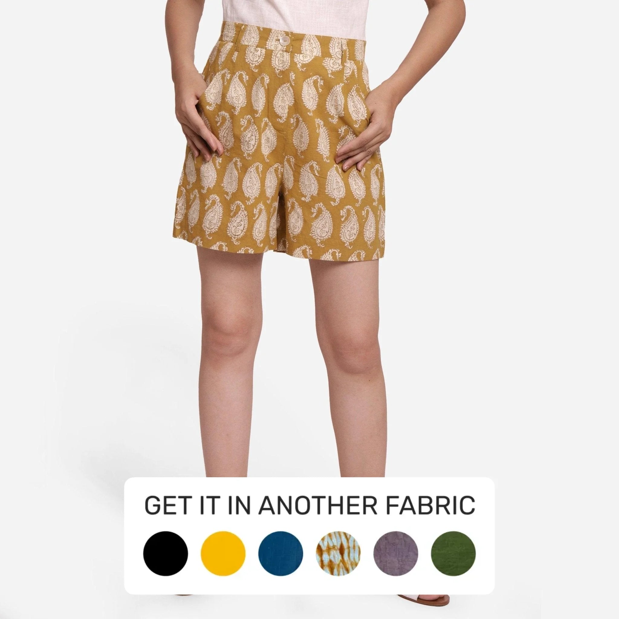 Mustard Paisley Block Print Cotton Shorts