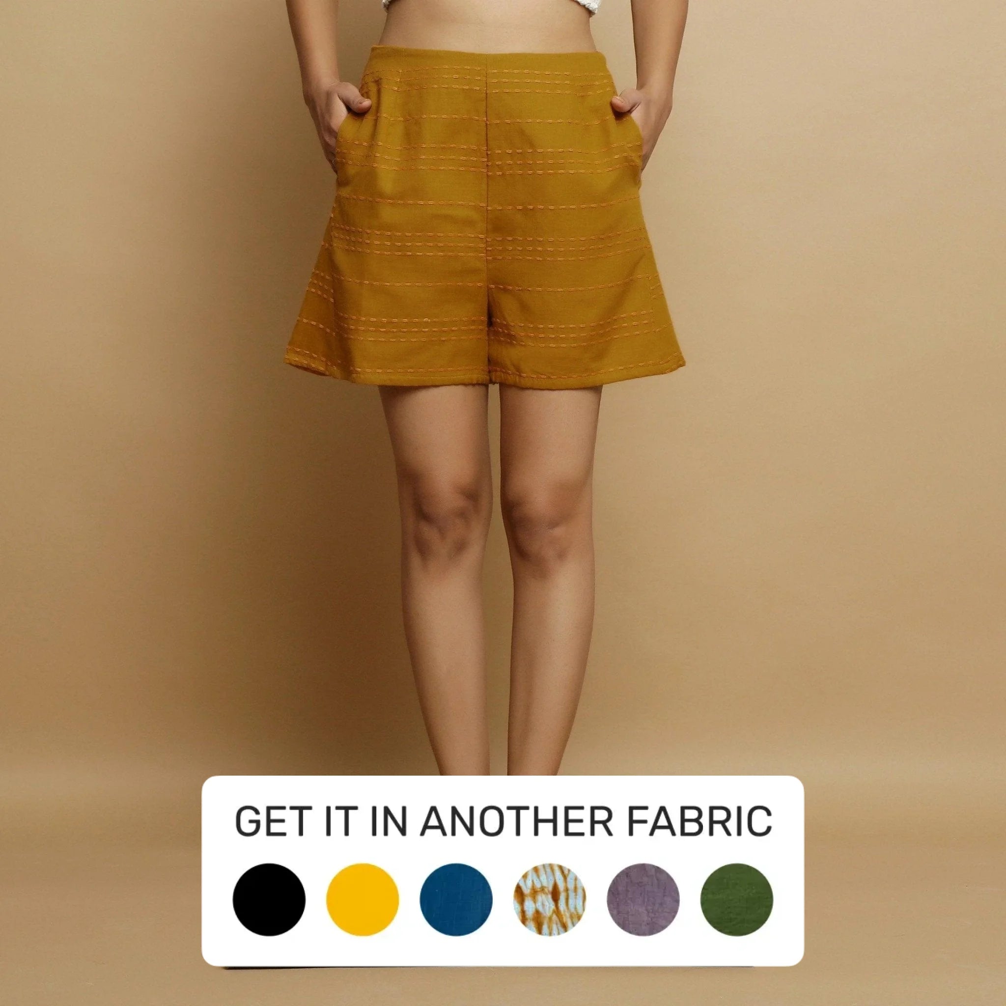 Mustard Striped Handwoven Cotton Mid-Rise Godet Shorts