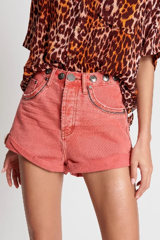 OneTeaspoon WOMENS CORAL STUDDED BANDITS HIGH WAIST DENIM SHORT - CORAL