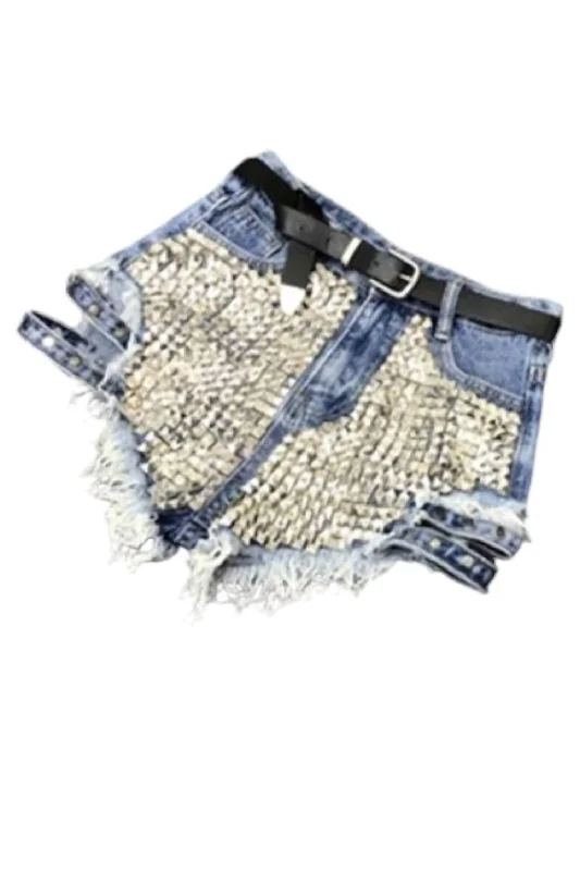 Women's High Waisted Rivet Jean Shorts In Blue