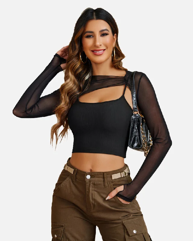 2 Pcs Sets Mesh Crop Top with Cami Top