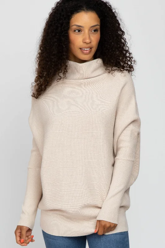 Beige Funnel Neck Dolman Sleeve Sweater