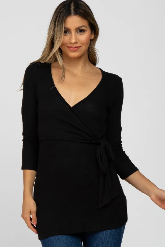 Black Brushed Knit Wrap Top