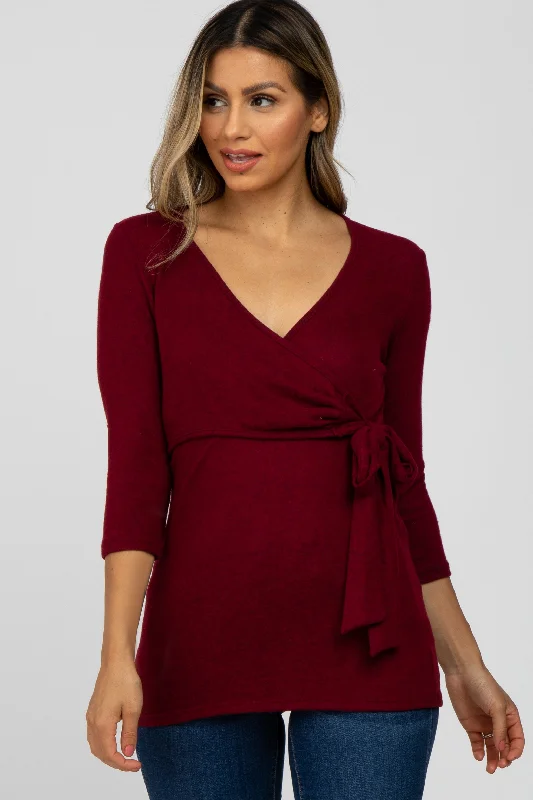 Burgundy Brushed Knit Wrap Top