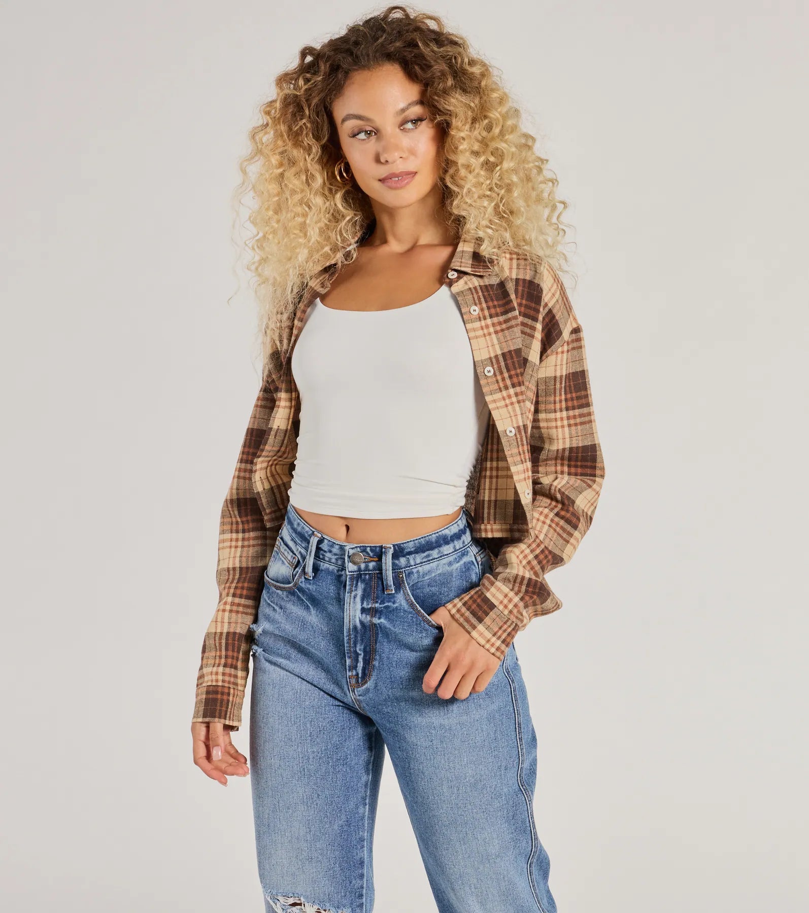 Casual Act Button-Up Plaid Crop Top