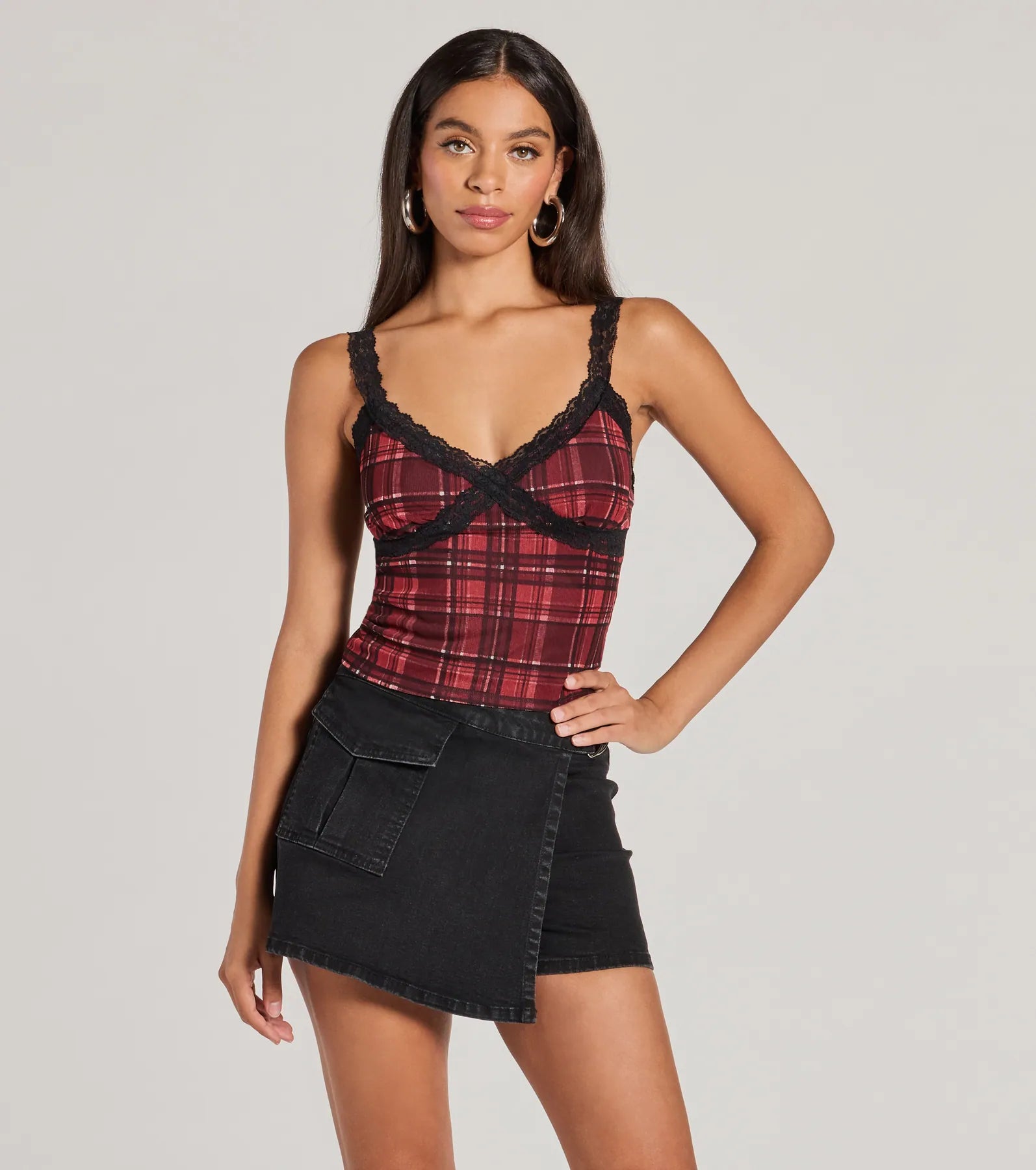 Check Me Out Lace Trim Plaid Crop Top