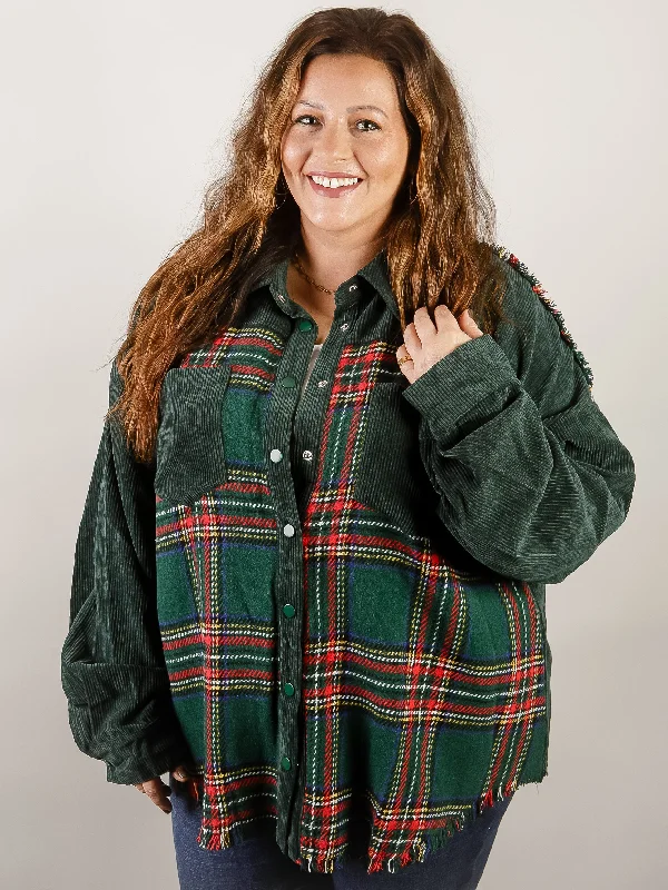 Curvy Green Corduroy with Plaid Front Shacket