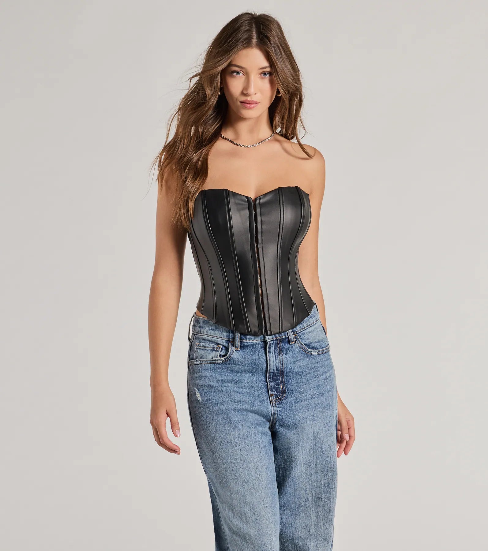 Level Up Sleek Faux Leather Strapless Corset Top