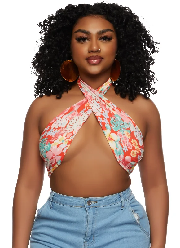 Almost Famous Printed Twist Front Halter Crop Top