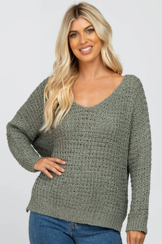 Olive V-Neck Side Slit Thick Knit Sweater