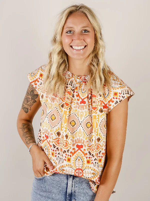 Orange Ikat Print Sleeveless Top