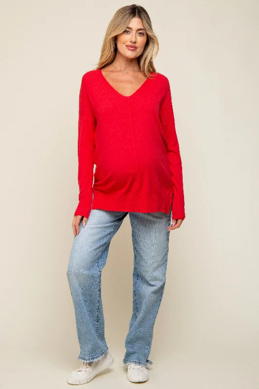 Red Long Sleeve Side Slit Maternity Sweater