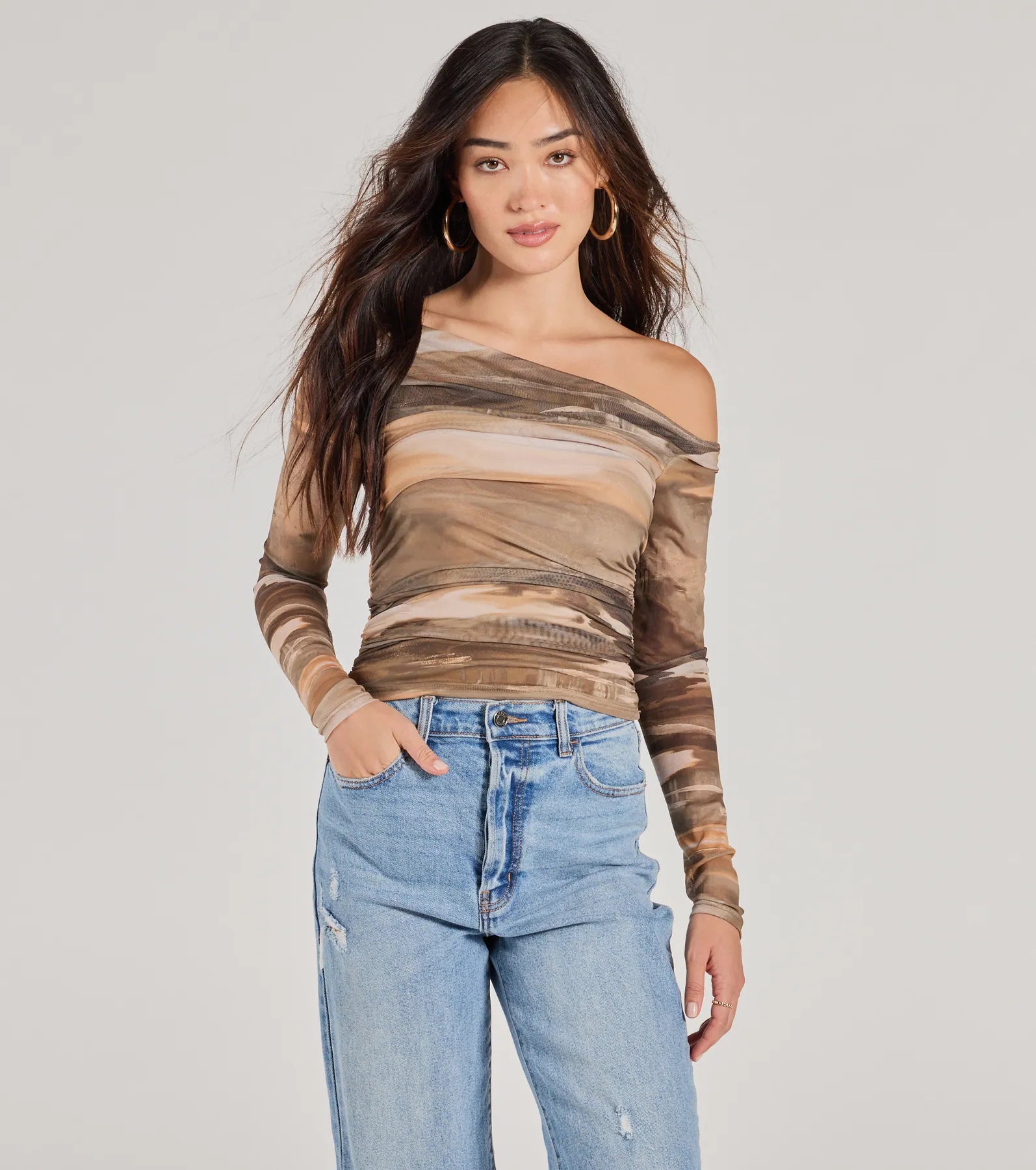 Trendy Abstract Mesh Off-Shoulder Top