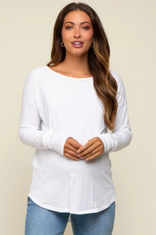 White Long Sleeve Curved Hem Maternity Top