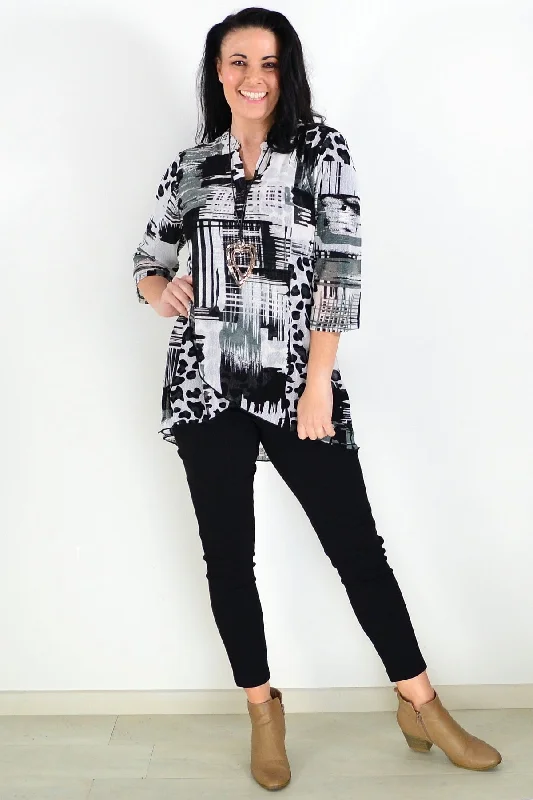 Black White Mesh Ladies Tunic Top