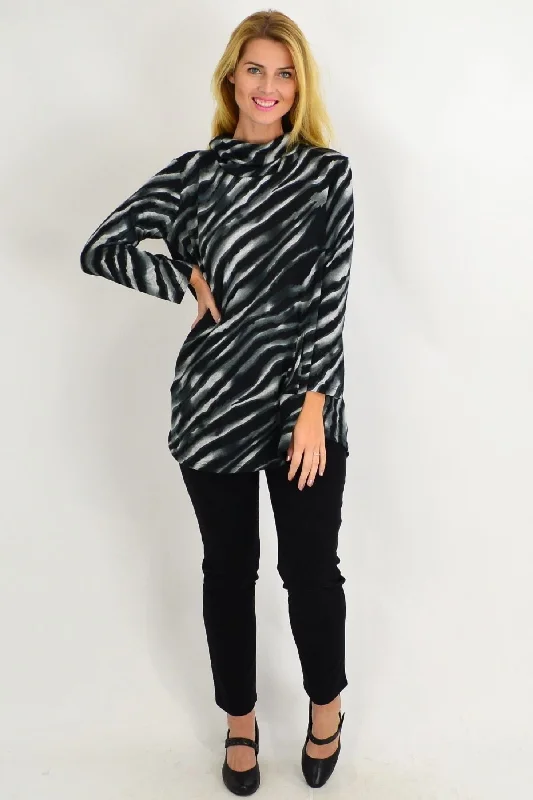 Charcoal Rolled Neck Zebra Tunic Top