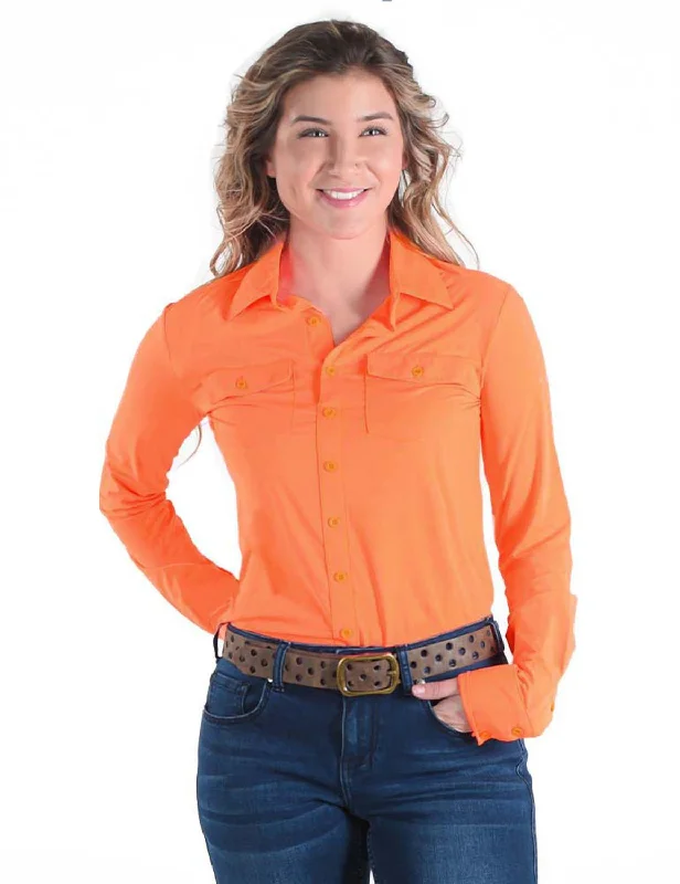 Cowgirl Tuff Womens Cooling UPF Button Up Tangerine Nylon L/S Shirt