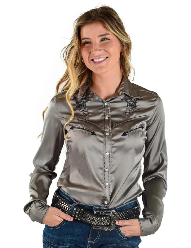 Cowgirl Tuff Womens Stretch Satin Pullover Silver/Black Polyester L/S Shirt