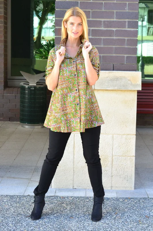 Green Pattern Pocket High Collar Tunic Shirt