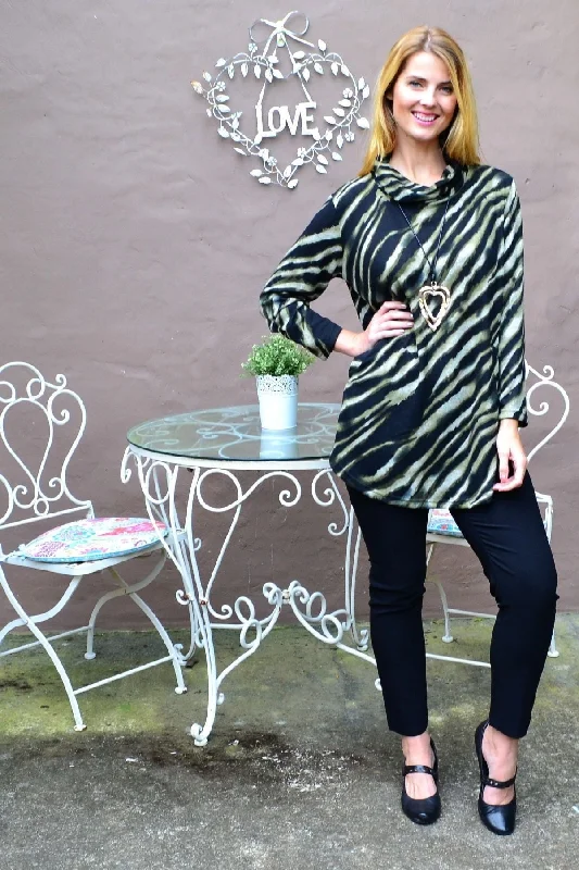 Khaki Rolled Neck Zebra Tunic Top