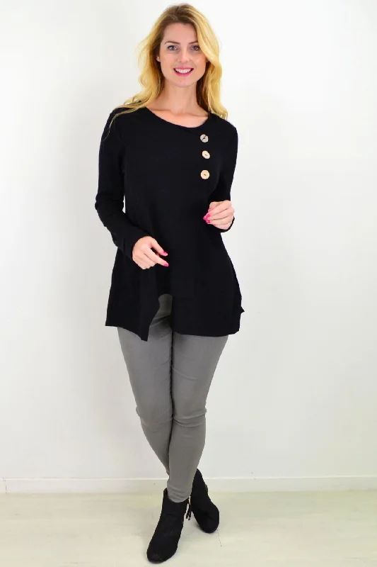 Midnight Black 3 Button Knit Tunic Top