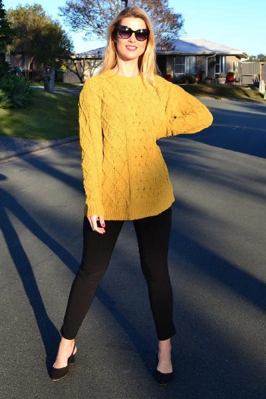 Mustard Yellow Chain Stitch Knit Tunic Jumper