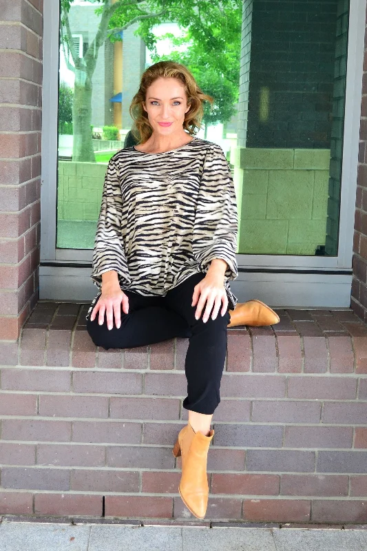 Zebra Billowed Puff Sleeve Fleece Tunic Top