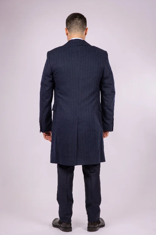 Double Breasted Wool Overcoat - Navy herringbone